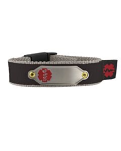 colorful red nylon sportband medical id with different patterns, suits children, teens, adults, secure center buckle clasp with adjustable band