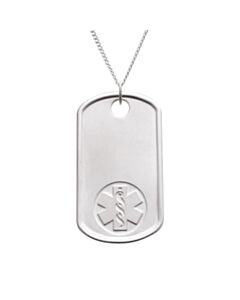 sterling silver dog tag medical id necklace with military styling, id tag embossed with medical emblem, subtle brushed metal finish, unisex design