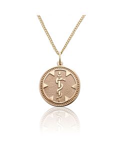 round medallion medical id gold pendant with embossed detail of medical emblem