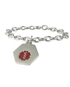 Small Hexagon Charm Bracelet with Red Medical Emblem Accent, Stainless Steel ID Tag on Durable Chain Style Bracelet