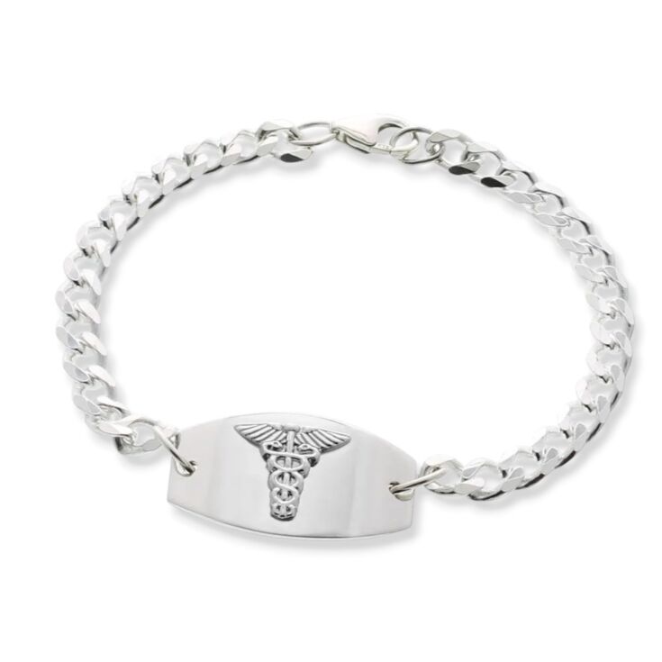 petite medical id bracelet in sterling silver, slightly curved medical id plate for comfortable fit, curb chain with claw clasp