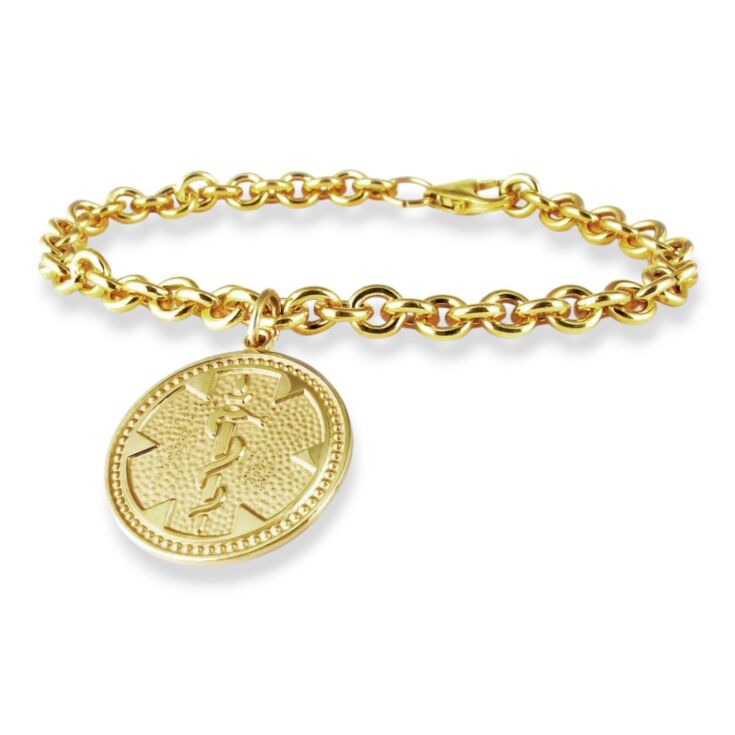 Classy Gold medallion charm medical id bracelet for women with round medical emblem