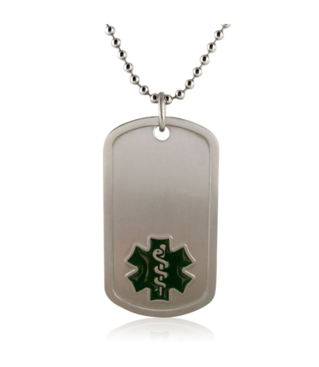 titanium dog tag medical id necklace with titanium bead chain, black medical emblem design on pendant, lightweight, durable design, and hypoallergenic 