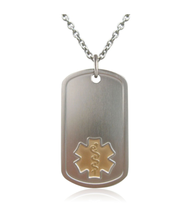 titanium dog tag medical id plate with embossed medical symbol in gold, hypoallergenic and lightweight titanium oval chain