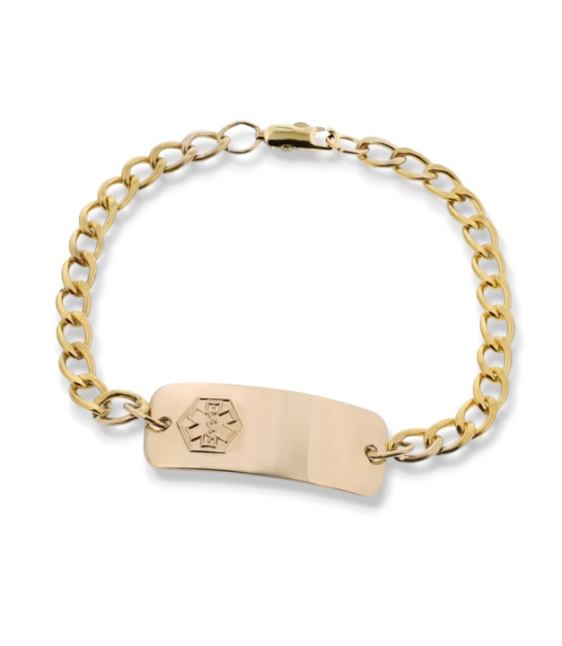 medical id bracelet for toddlers, children, gold curb chain with engraveable plate