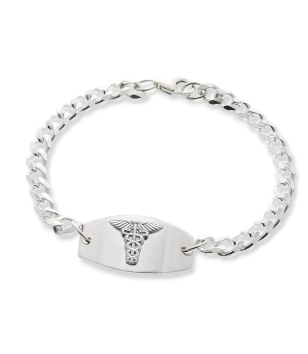 petite medical id bracelet in sterling silver, slightly curved medical id plate for comfortable fit, curb chain with claw clasp