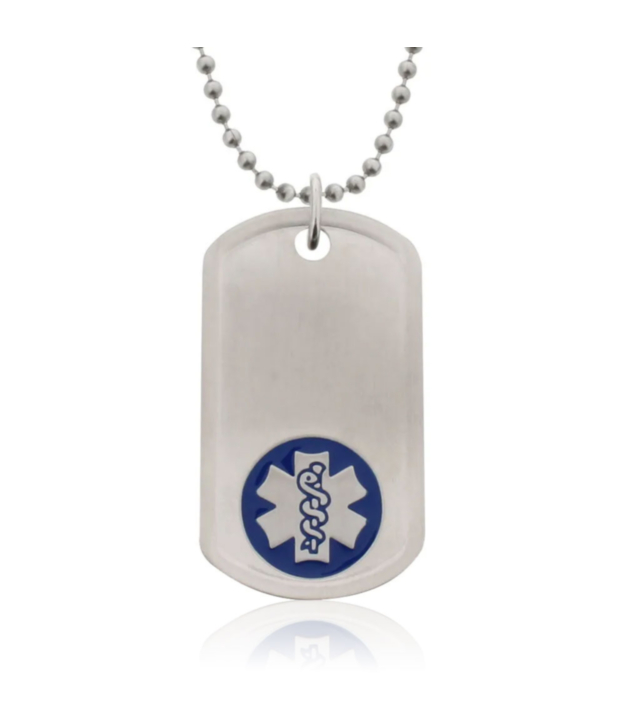 Stainless steel dog tag medical id necklace with blue emblem, bead style neck chain, brushed metal finish
