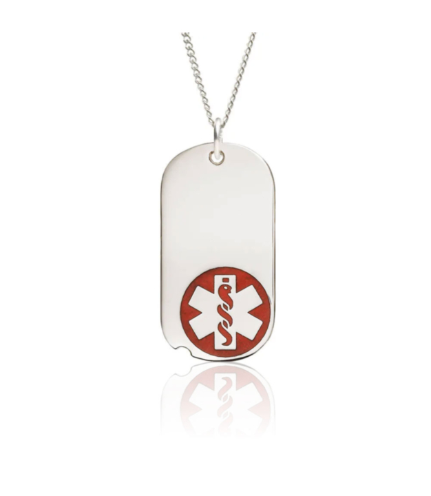 mini military style medical id necklace with sterling silver oval tag red medical emblem design