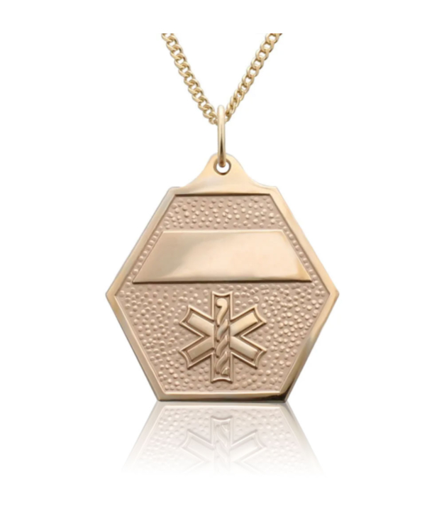 attractive gold classic medical id necklace with gold hexagon charm pendant