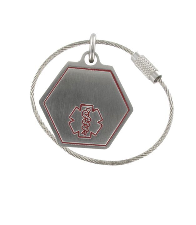 hexagon stainless steel medical id keychain, cable locking keychain with brushed finished, red medical emblem accent