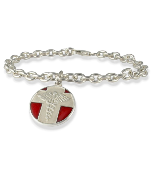 Vintage Style Medical ID Bracelet with Sterling Silver Cable Chain, Round Charm with Medical Emblem Design