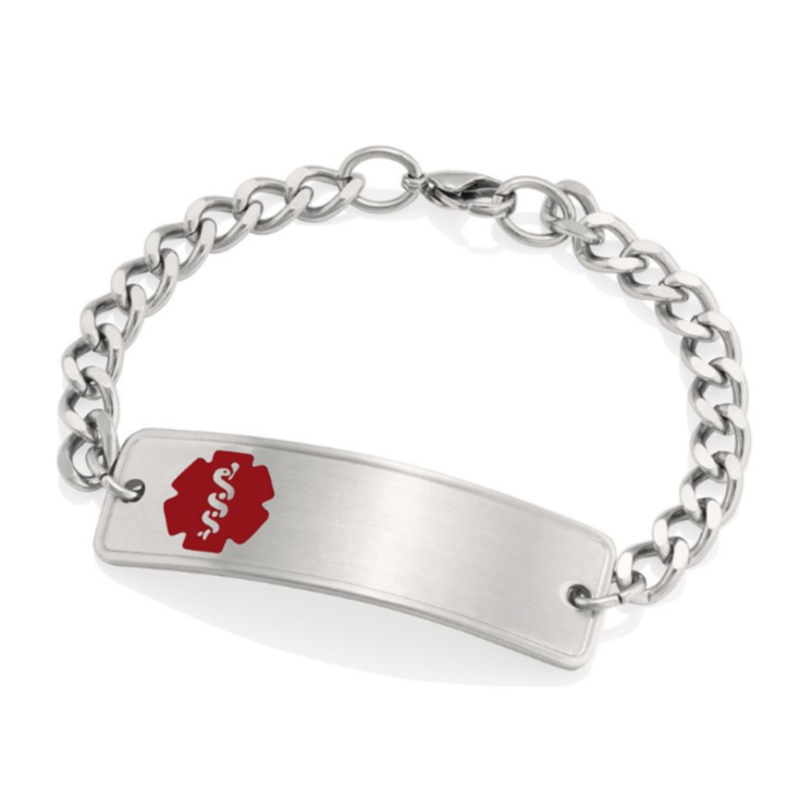 stainless steel medical id bracelet with slightly curved id plate and red emblem design
