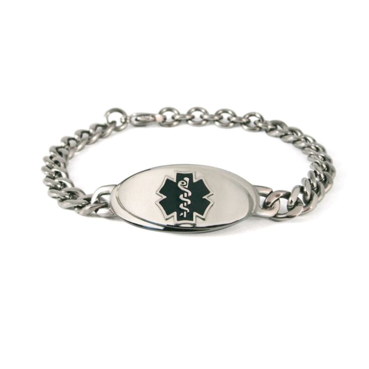 sleek titanium medical id bracelet, curb style chain, anti-allergy bracelet with oval plate, black medical emblem design