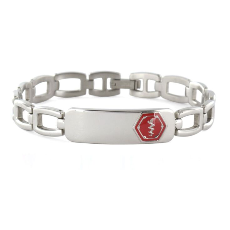 lynx style stainless steel, unisex medical id bracelet with foldover clasp