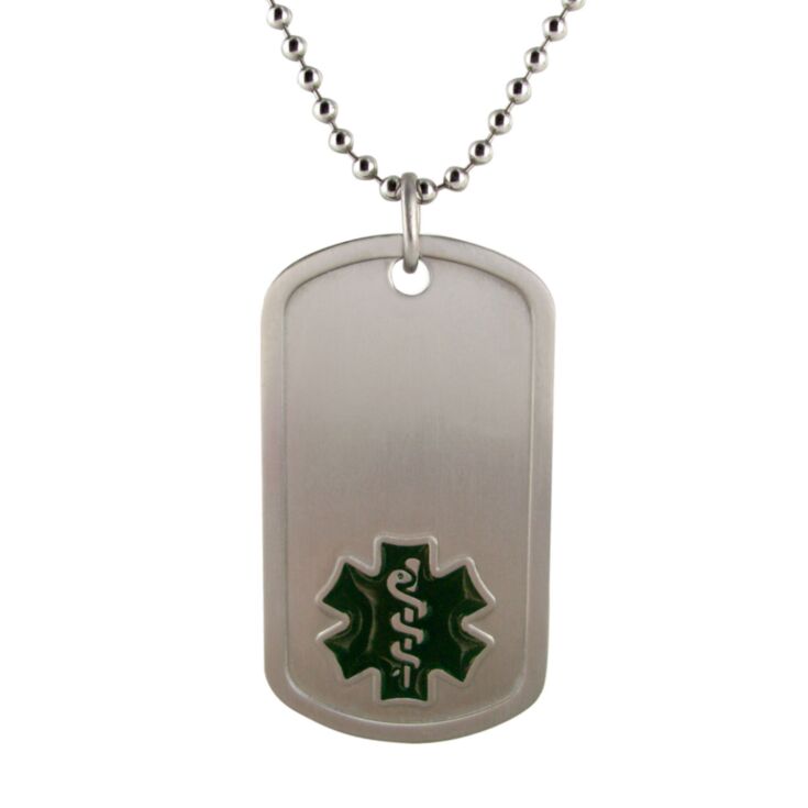 titanium dog tag medical id necklace with titanium bead chain, black medical emblem design on pendant, lightweight, durable design, and hypoallergenic 
