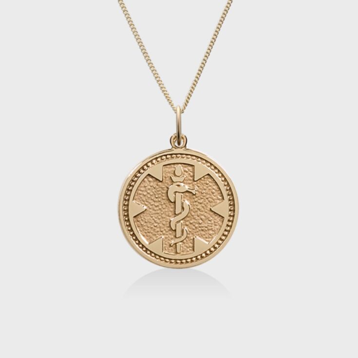 round sterling silver medallion necklace, classic and traditional style, embossed medical emblem on round id tag, curb style neck chain
