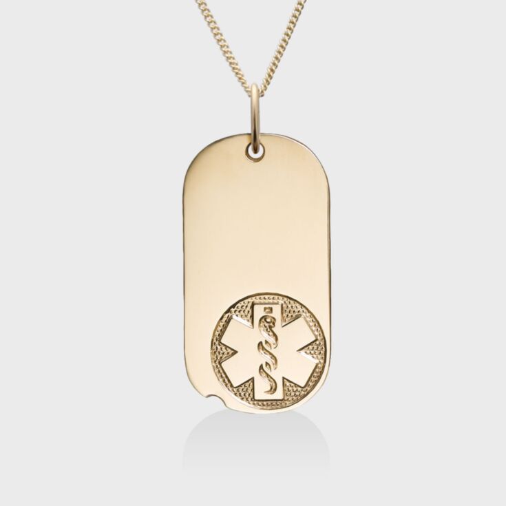 military style medical id necklace with 14kt gold large oval medical id tag