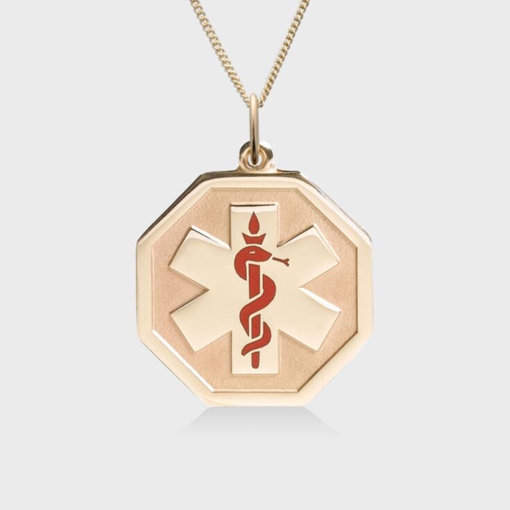 elegant unisex gold medical id necklace, octagon pendant with medical emblem