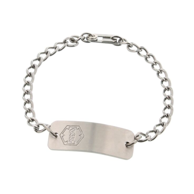 petite stainless steel medical id bracelet classic style, for kids and wearers with small sized writs, curb chain suitable for kids and toddlers