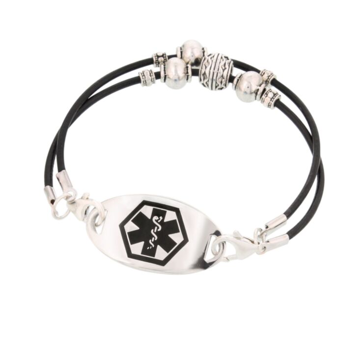 silver mingle medical id on southwest style, fashionable, black leather cord bracelet with silver beading accents