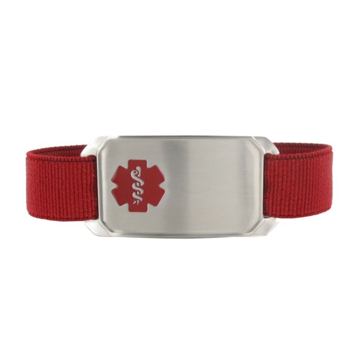 red sportband medical id for men, elastic nylon band with large stainless steel medical id tag, fits 6", 7", and 8" size wrists