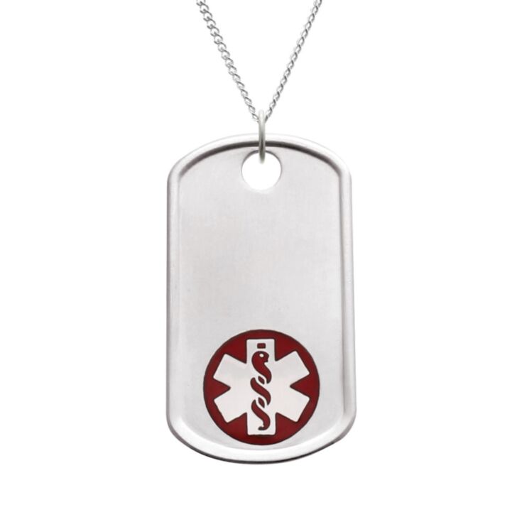 comfortable dog tag medical ID necklace, military-inspired pendant with red medical emblem, brushed metal finish
