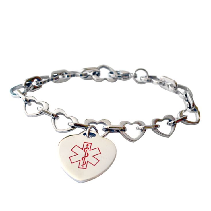 medical id bracelet for women with heart chain design and heart-shaped medical id charm, fits teens, adults, adjustable link chain with claw clasp