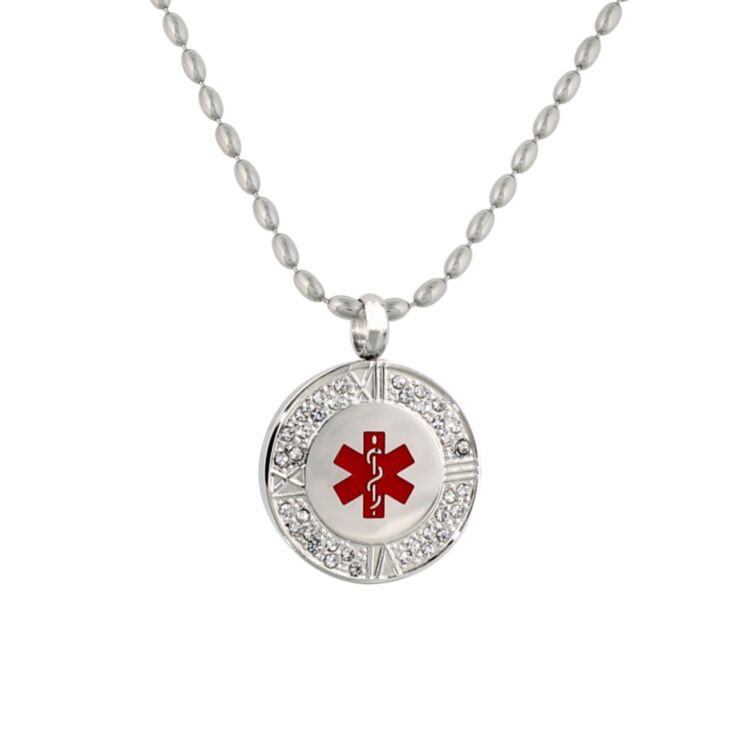 crystal pendant medical id necklace with 36 sparkling crystals, stylized roman numeral clock design on pendant, rice ball neck chain, red enamel medical emblem accent, for women