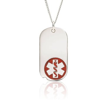 mini military style medical id necklace with sterling silver oval tag red medical emblem design