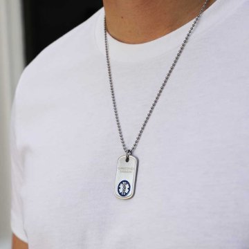 Stainless steel dog tag medical id necklace with blue emblem, bead style neck chain, brushed metal finish